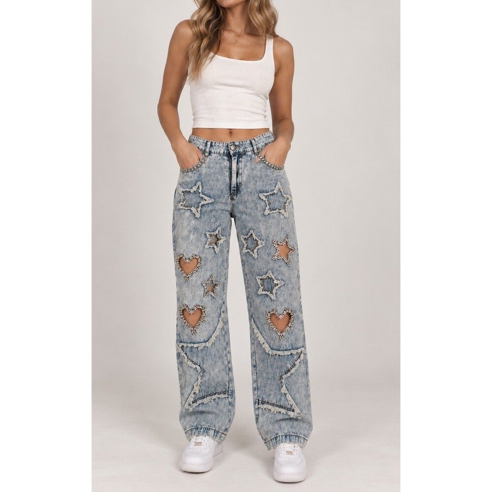 A Rare Bird Jeans Women’s Small Y2K Rhinestone Heart Star Cutout Distressed